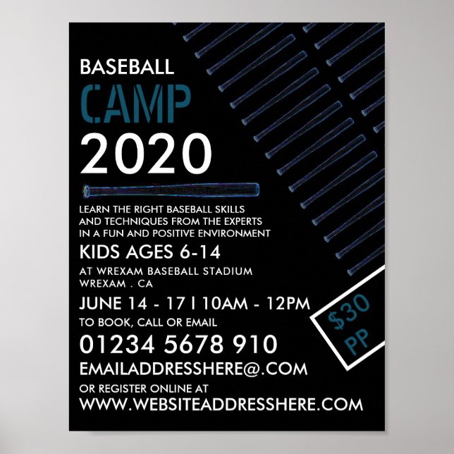 Póster Aviso de Bat de Béisbol de Neón Azul, Campamento d (Frente)