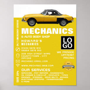 Póster Aviso de coches clásicos, mecánica automática y re