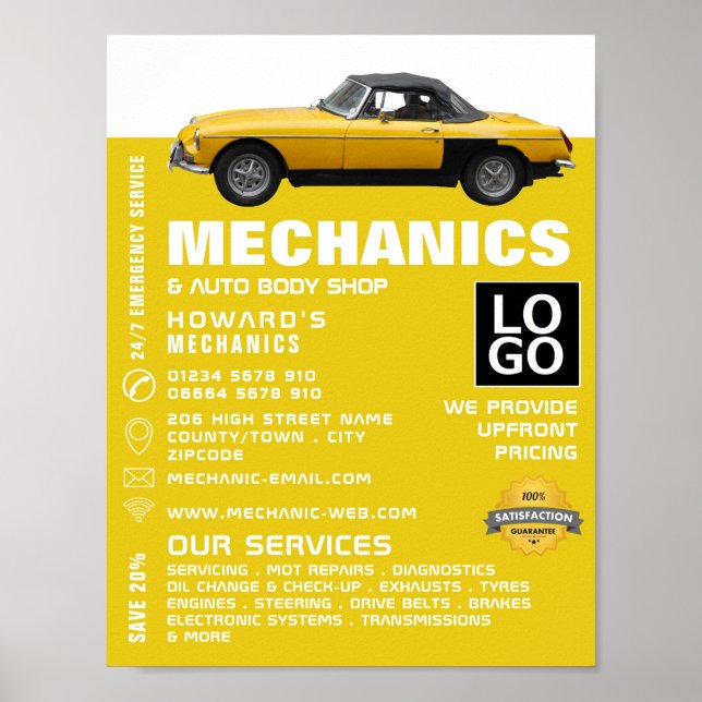 Póster Aviso de coches clásicos, mecánica automática y re (Frente)