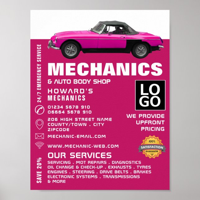 Póster Aviso de coches clásicos, mecánica automática y re (Frente)