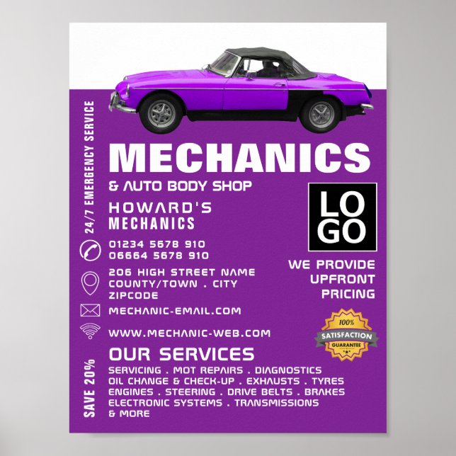 Póster Aviso de coches clásicos, mecánica automática y re (Frente)