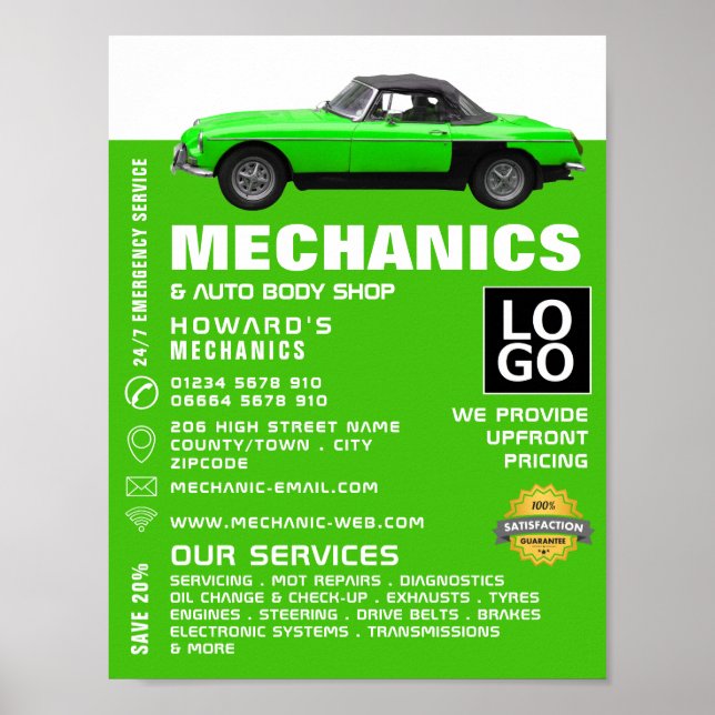 Póster Aviso de coches clásicos, mecánica automática y re (Frente)