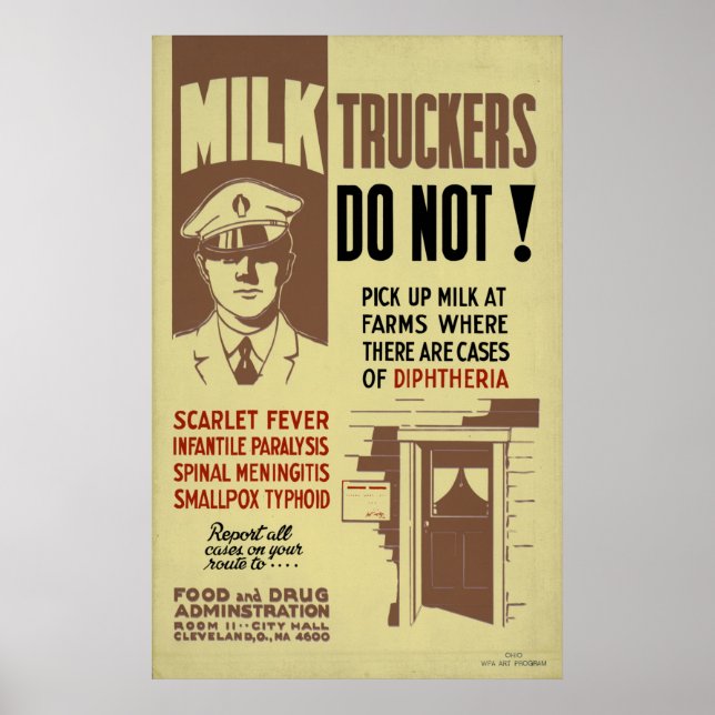 Póster Aviso de la FDA 1940 del Camionero Leche WPA Vinta (Frente)