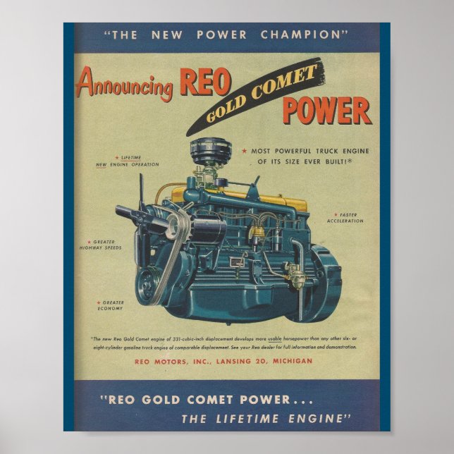 Póster Aviso MOTOR DE Camión REO Gold Comet 1949 (Frente)