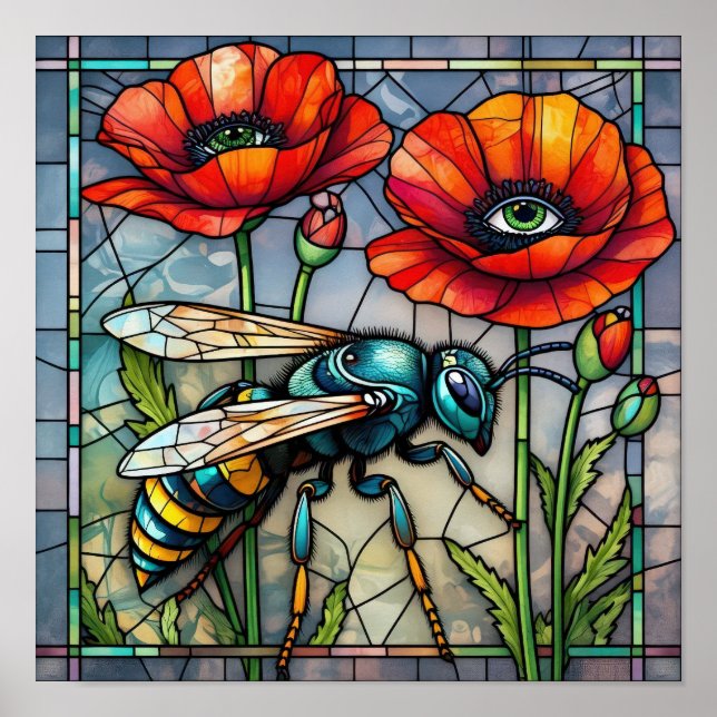 Póster Avispa avispon abeja vidrio emplomado amapola flor (Frente)