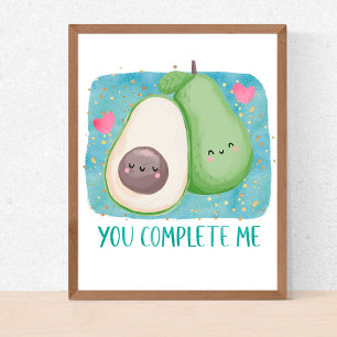 Póster Avocado You Complete Me Love Kawaii Watercolor