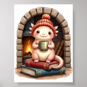 Póster Axolotl Adicto al Café Kawaii - Rincón Acogedor de