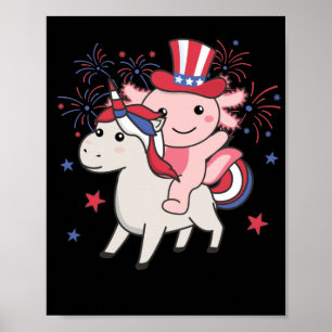 Póster Axolotl Con Unicorn Para El 4 De Julio Fuegos Arti