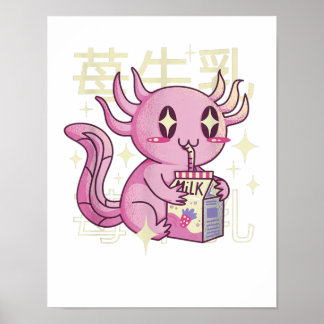 Póster Axolotl Fresa Leche Japón Estilo Kawai Japonés