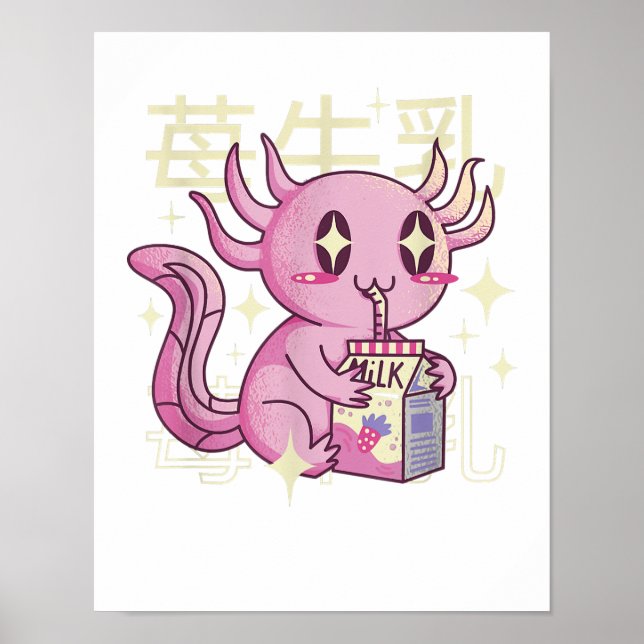 Póster Axolotl Fresa Leche Japón Estilo Kawai Japonés (Frente)