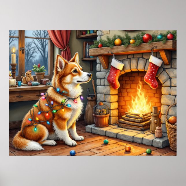 Póster Azawakh Sitting by Fireplace with Christmas Lights (Frente)