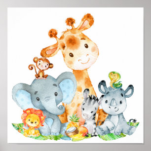 Póster Azul acuarela Cute Safari Jungle Animales