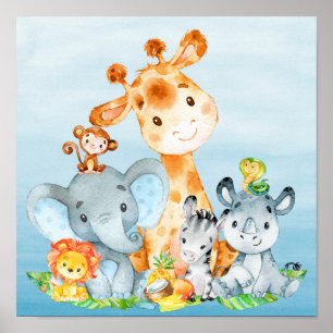 Póster Azul acuarela Cute Safari Jungle Animales