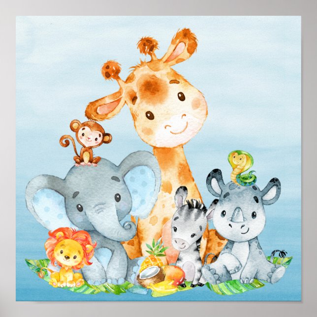 Póster Azul acuarela Cute Safari Jungle Animales (Frente)