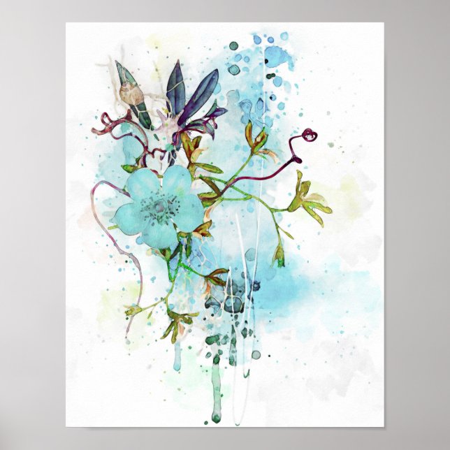 Póster Azul acuarela Pastel Floral (Frente)