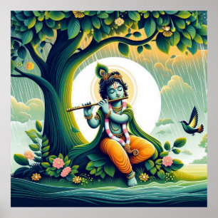 Póster Azul acuarela Resumen Poster de Lord Krishna