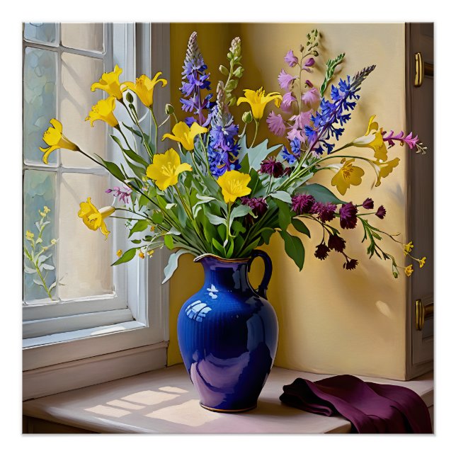 Póster Azul amarillo morado florece arte (Anverso)