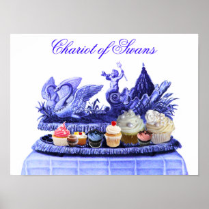 PÓSTER AZUL ANTIGUO CARRO DE CISNES Y PASTELITOS