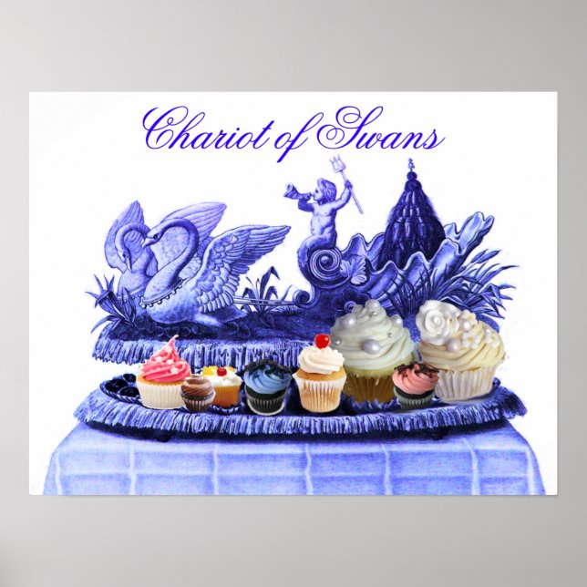 PÓSTER AZUL ANTIGUO CARRO DE CISNES Y PASTELITOS (Frente)