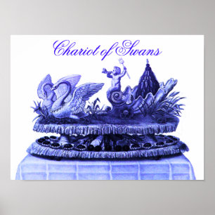 PÓSTER AZUL ANTIGUO CARRO DE CISNES Y PASTELITOS