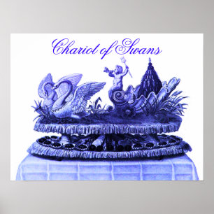 PÓSTER AZUL ANTIGUO CARRO DE CISNES Y PASTELITOS