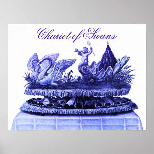 PÓSTER AZUL ANTIGUO CARRO DE CISNES Y PASTELITOS (Frente)