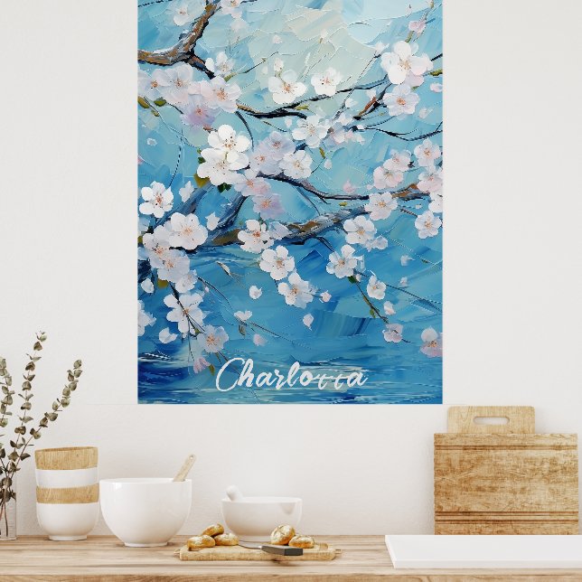Póster Azul cerezo floreado personalizado (Cocina)