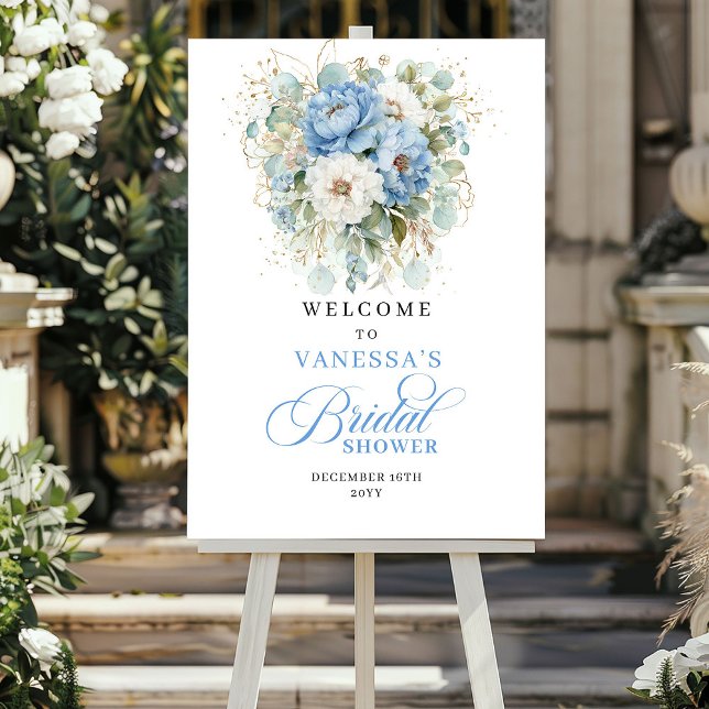 Póster Azul claro blanco peonía eucalipto oro bienvenida  (Light blue white peony eucalyptus gold bridal welcome

)