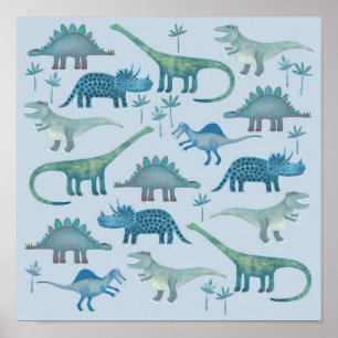 Póster azul de dinosaurios