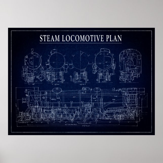 PÓSTER AZUL DE LOCOMOTIVO DE VAPOR (Frente)