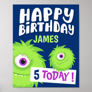 Póster Azul de pequeño monstruo lindo