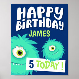 Póster Azul de pequeño monstruo lindo