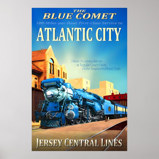 Póster Azul del Ferrocarril Central de Atlantic City Nuev (Frente)
