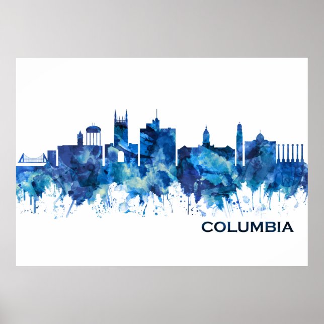 Póster Azul del Skyline de Columbia Missouri (Frente)
