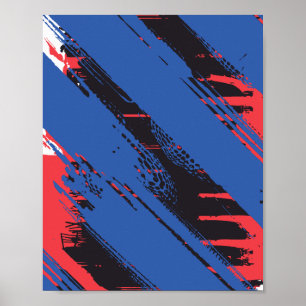Póster Azul diagonal, textura de pinceladas negras y roja