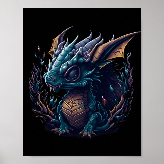 Póster azul-dragón-con-cabeza-púrpura-cabeza-púrpura (Frente)