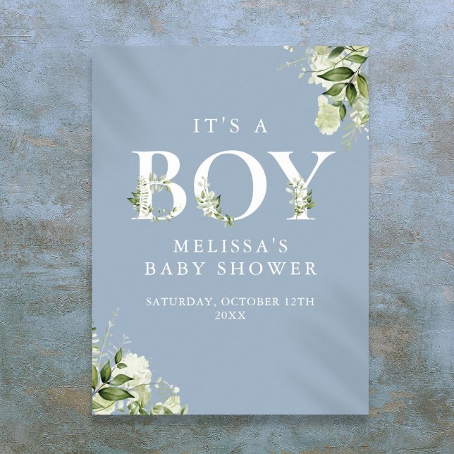 Póster Azul Es Un Niño Verde Rótulo Baby Shower (Blue Its A Boy Greenery Baby Shower Sign)