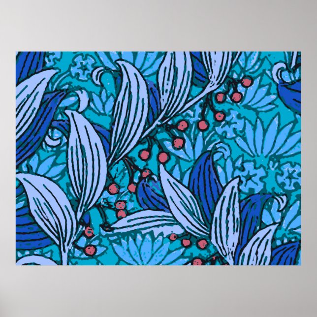 Póster Azul Floral Antiguo Boho Moderno (Frente)