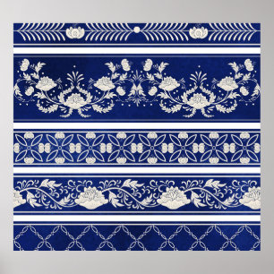 Póster Azul floral chino: fronteras acuáticas vintage
