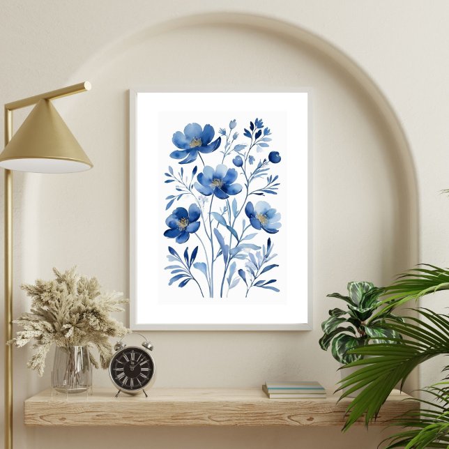 Póster Azul francés acuarela floral flores botánicas  (French Blue Flowers Watercolor Florals Botanicals Wall art Poster Print. Printed or Digital Download)