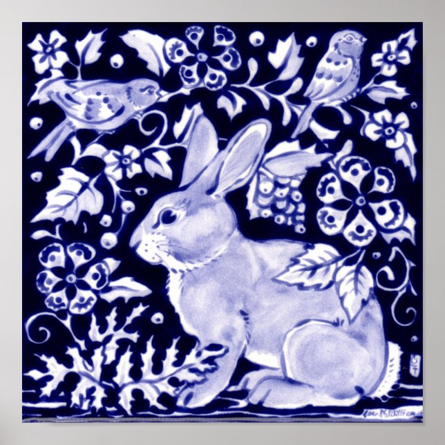 Póster Azul marino clásico, pájaros de conejo blanco Dedh (Frente)