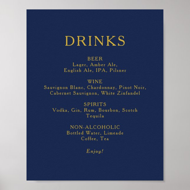 Póster Azul marino clásico | Rótulo del menú de bebidas B (Frente)