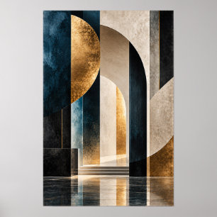 Póster Azul Marino Dorado Geométrico Arquitectónico Abstr