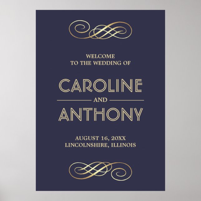 Póster Azul marino elegante | Signo de bienvenida de Boda (Frente)