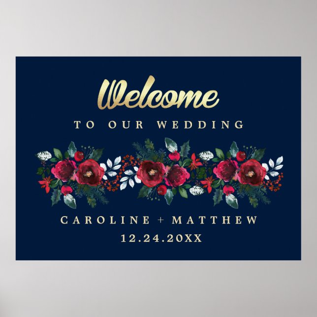 Póster Azul Marino | Signo de bienvenida del Boda Borgoña (Frente)