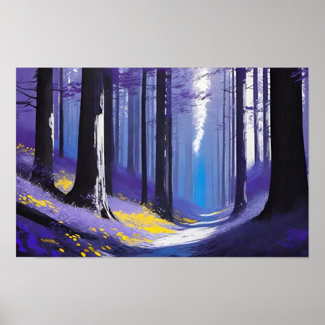 Póster Azul morado y amarillo cálido bosque oscuro tranqu (Frente)