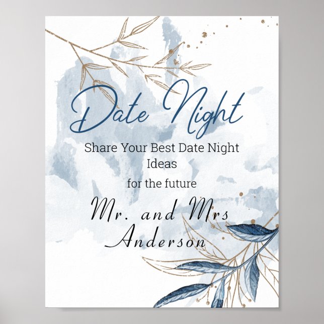 Póster Azul Oro Moderno Floral Elegante Rótulo de noche (Frente)