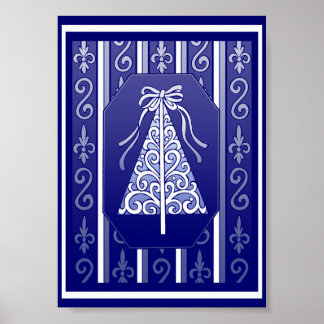 Póster Azul Oscuro Y Bañones Blancos Tiras Árbol De Navid