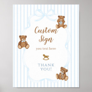 Póster Azul Oso Apenas Espera Ducha de Bebé Elegante Raya