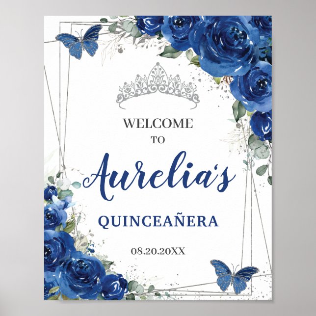 Póster Azul Real Floral Mariposas Quinceañera Bienvenida (Frente)